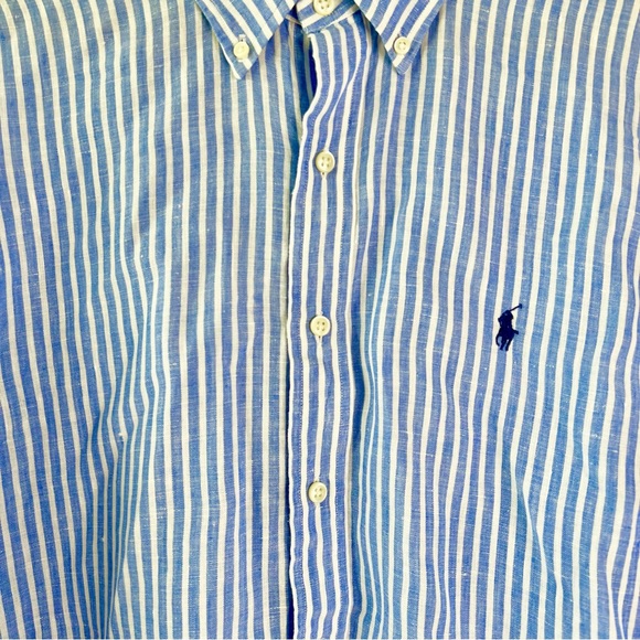 RALPH LAUREN | Ocean Wash Linen Blue and White Stripe Button Long Sleeve Large - Picture 2 of 7
